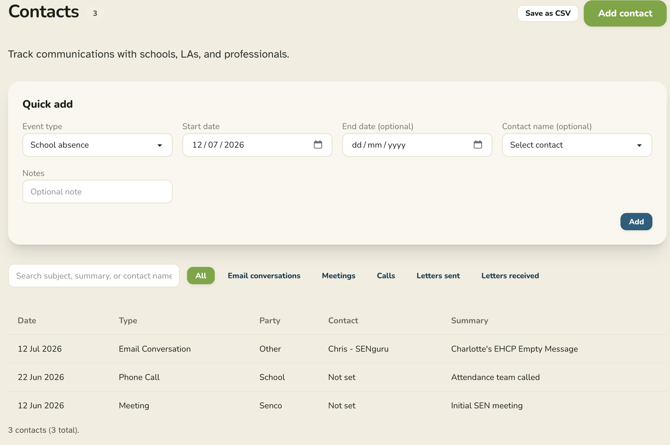 SENguru's contact log, listing calls, meetings and emails with schools and the LA.